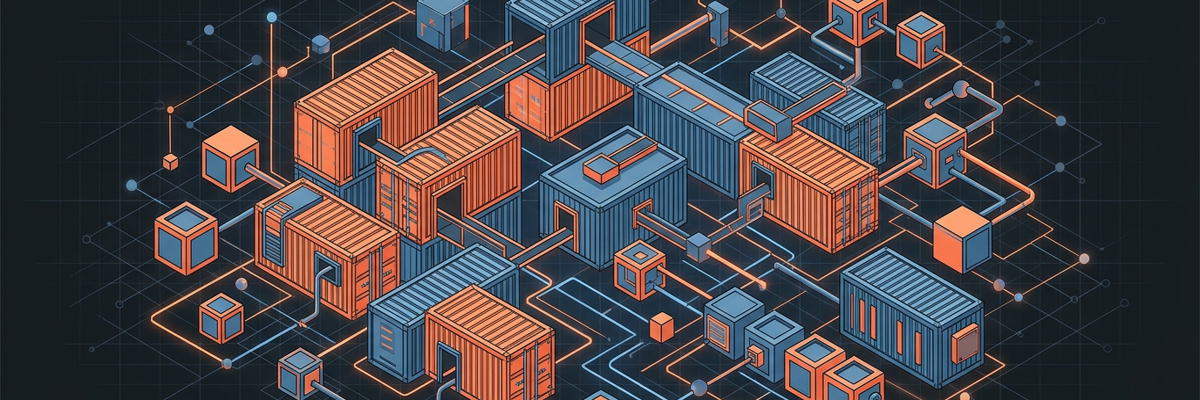 Isometric illustration of interconnected shipping containers, evoking OCI containers on FreeBSD